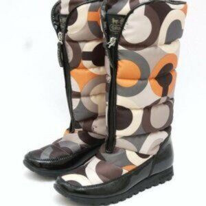 Womens Coach Black Multi Optic Art Signature Nylon Jolt Puffer Quilted Boots 7.5